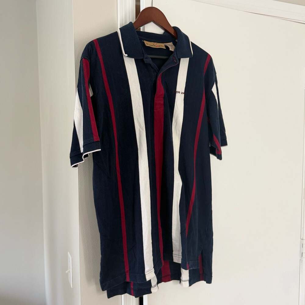 Firethorn Vintage Navy Striped Polo 100% Cotton Shirt Size L 90’s Dad-core